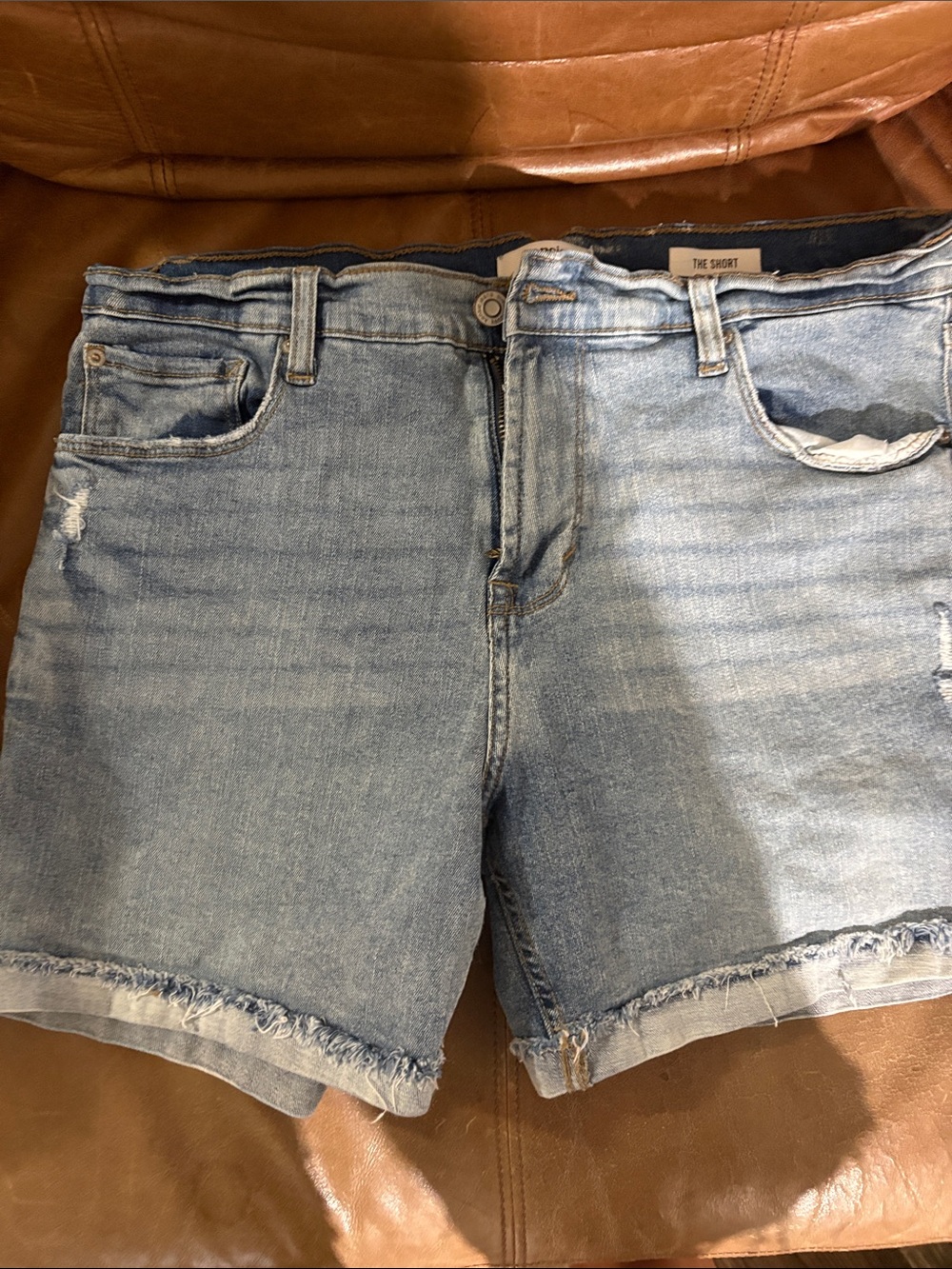 Kensie Light Wash Frayed Hem Denim Shorts